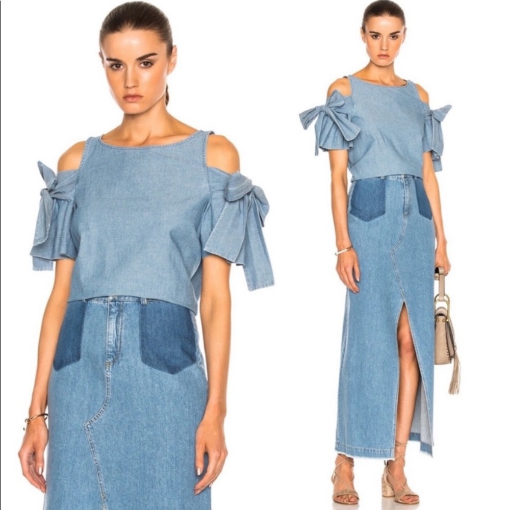 SEA NY Blue Chambray Cold Shoulder Bow Top